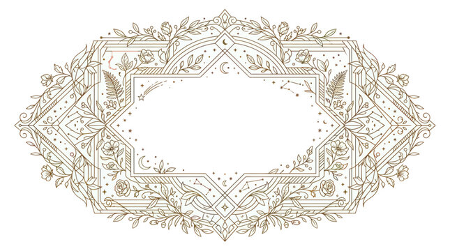 Ornate Floral Frame with Celestial Elements - Golden Outline Border Design