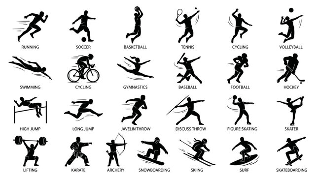 Sports Icons Silhouette Set: Running, Cycling, Swimming, Football, Tennis, Basketball