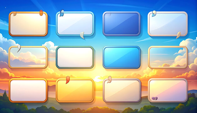 collection of twelve pixel art rectangular UI elements, featuring glossy buttons and speech bubble icons, set against a vibrant pixelated sky and landscape background with clouds and sun rays.