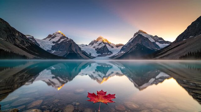 Canada Day rocky mountain lake at sunrise, perfect reflection of peaks in still water, cinematic wide scenic b-roll for Canadian national day celebration