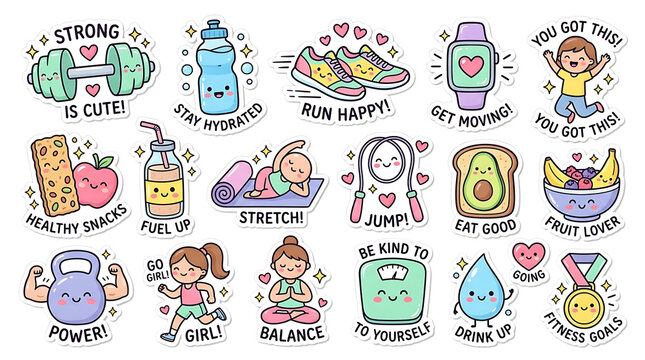 Cute fitness stickers with motivational phrases and healthy habits on transparent background