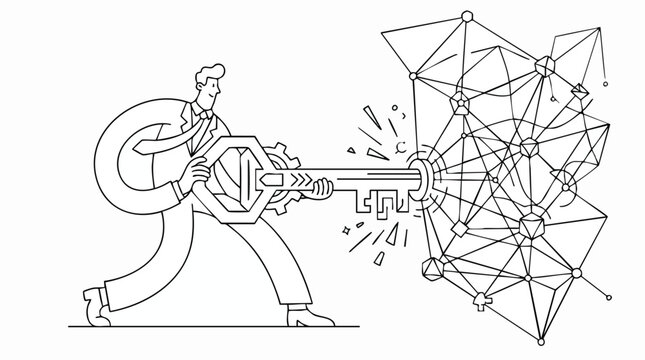 Strategic business leader using a master key to unlock complex organizational challenges and data insights