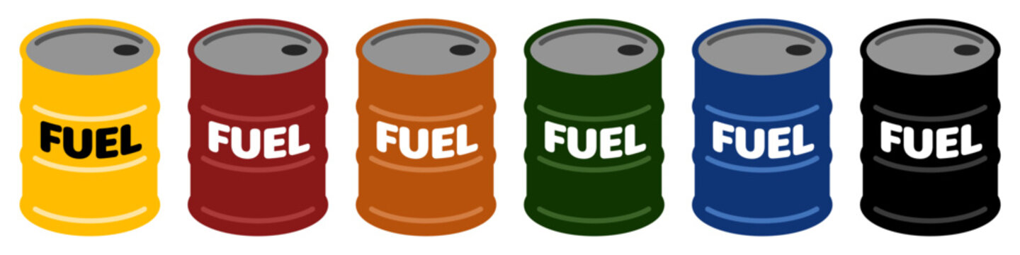燃料ドラムアイコン FUEL表記のエネルギー・石油ドラム缶セット Fuel Barrel Icon Set FUEL Energy Oil Drum Industrial Symbol
