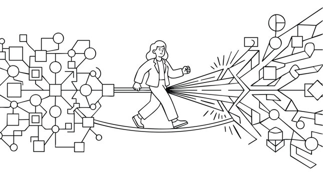 Empowered female professional navigating complex digital transformation and bridging the gap between legacy data networks and modern innovation architecture
