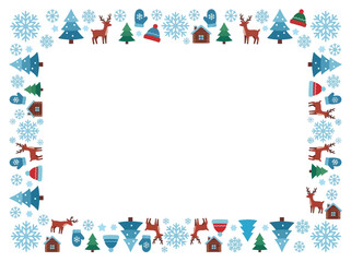Obraz premium Festive winter holiday frame with snowflakes, reindeer, pine trees, mittens, and houses on a white background, perfect for seasonal greetings.