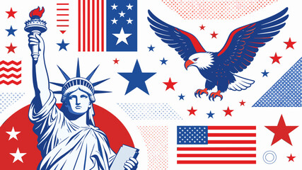An artistic depiction of American patriotism featuring the Statue of Liberty, an eagle, and the US flag, set against a backdrop of stars and geometric patterns. © evans