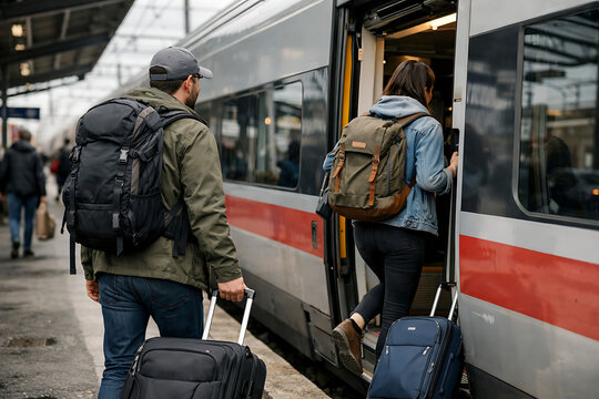 A young traveling couple with backpacks and rolling suitcases boarding a modern high speed train at a busy railway station platform.
