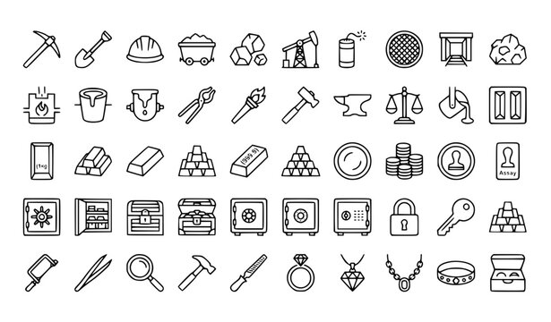 A collection of line art icons representing various construction and jewelry tools