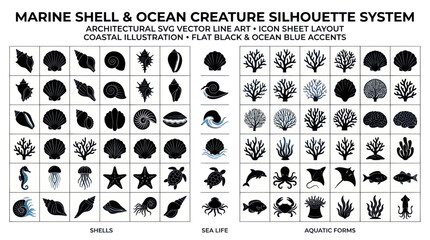 Marine Shells and Ocean Creatures Silhouette Collection - Vector Icons © anis