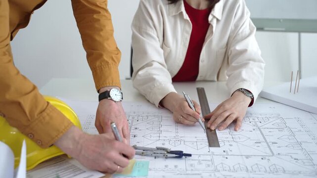 Engineering team collaborating on architectural blueprints, reviewing construction plans, and discussing building design concepts with tools and safety hard hat on table