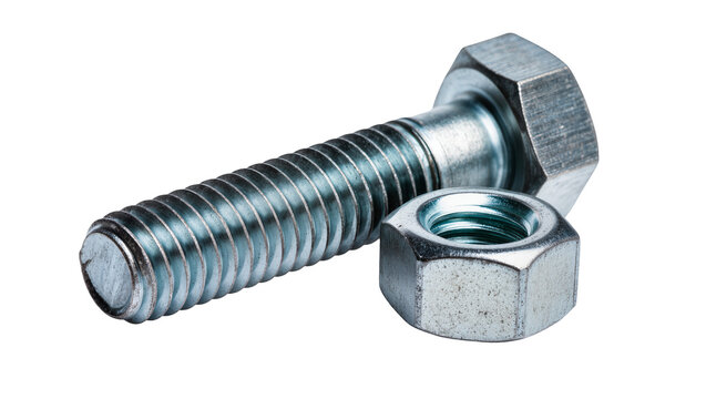 Hexagonal metal bolt and nut, isolated on transparent background