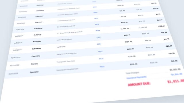 Healthcare Costs and Medical Debt Concept: Detailed Hospital Billing Statement and Insurance Claim Invoice