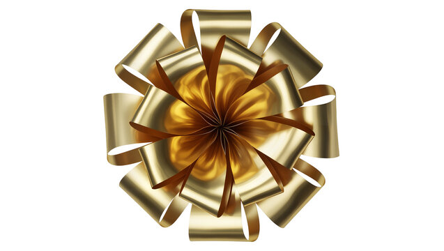 Luxurious golden ribbon bow with intricate folds, isolated on transparent background