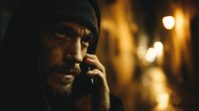 Close-up shot of a suspicious scammer in worn-out black clothes, anxiously talking on a cheap burner phone.