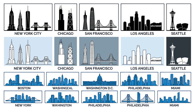 US City Skylines Silhouettes: New York, Chicago, SF, LA, Seattle, Boston, DC