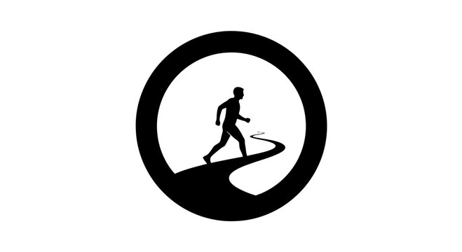 Silhouette of a person walking on a curved path within a circular frame, minimalist design, journey concept