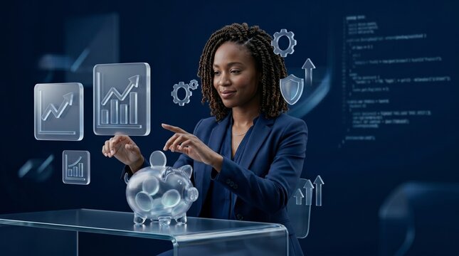 Black businesswoman interacting with holographic financial icons and glass piggy bank in digital studio