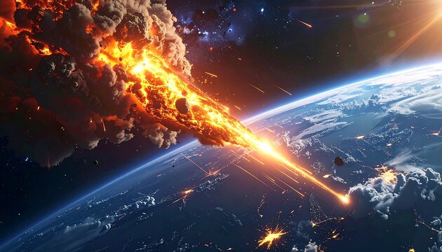 Fiery Asteroid Exploding While Striking Earth Atmosphere in Outer Space
