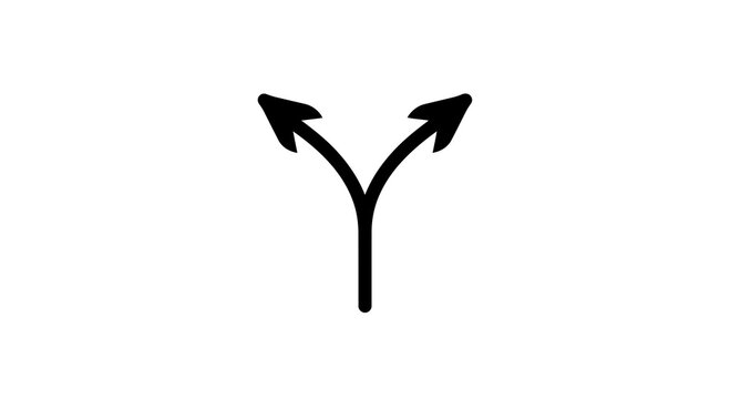 Abstract black and white line art of a bifurcated arrow pointing upwards and outwards, symbolizing choice or decision making.