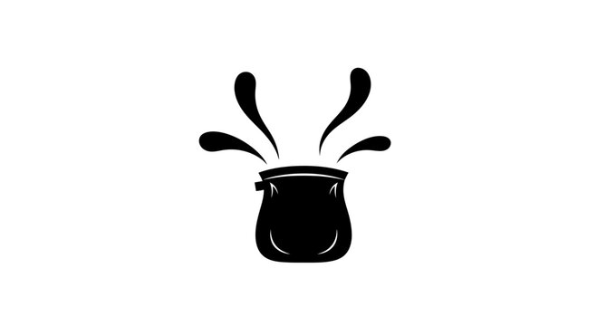 Black and white illustration of a cauldron with magical potion splashing out, fantasy and mystery mood