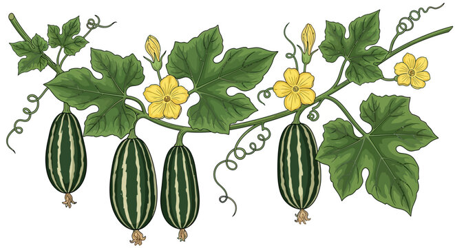 Gourd vine with striped fruit, yellow flowers, and green leaves.