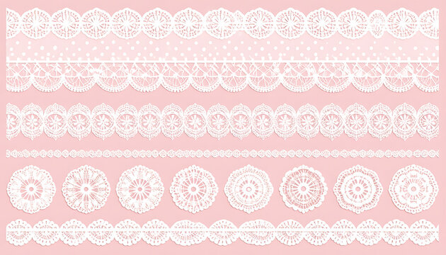delicate white lace borders and circular ornaments on soft pink background, decorative elements, craft, sewing detail