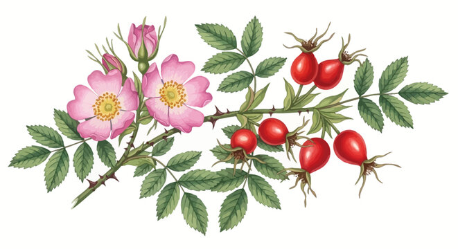 Wild rose branch with pink flowers and red rosehips vector illustration.