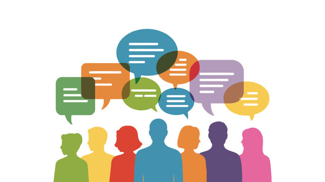 Colorful Silhouettes of People with Speech Bubbles Representing Communication Flow, Public Opinion Sharing, Social Networking, Community Discussion, Feedback Exchange, and Digital Dialogue Concept