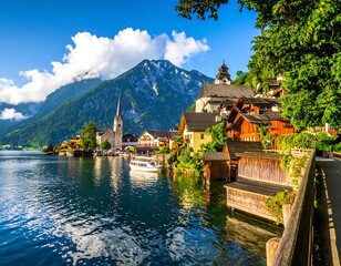 Obraz premium Colorful Lakeside Village Nestled Beside Mountain Lake in Sunny Alpine Valley