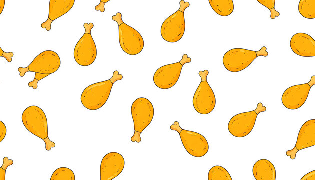 Crispy fried chicken leg drumstick pattern with speckles on white background, repetitive food illustration