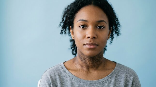 Woman poses for a studio portrait against a plain light blue background to showcase natural beauty and resilience while maintaining direct eye contact with the camera for a calm and serene.
