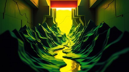 Fototapeta premium Dark tunnel leads toward bright light. Geometric shapes define walls, creating dramatic perspective. Intense yellow contrasts with deep green hues.