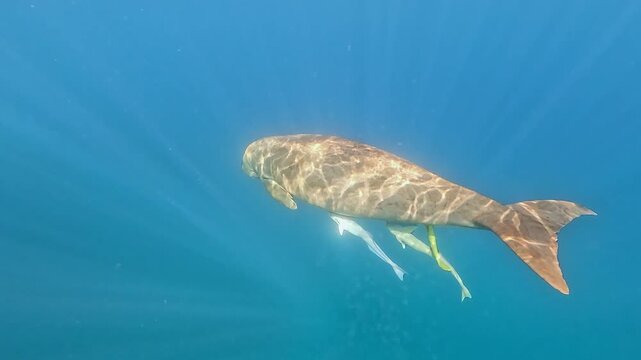 Dugong or sea cow swimming calmly, with some remora sharksuckers on it, animal encounter during snorkeling at Marsa Mubarak