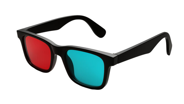 Black plastic 3D glasses with red and cyan lenses, isolated on transparent background