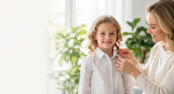 Back to school mother helping daughter with white school uniform shirt preparing for first day