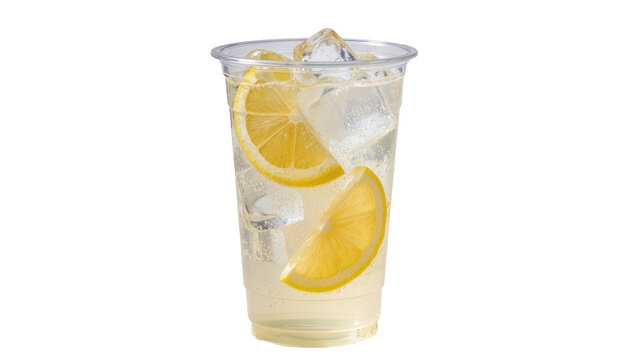 Clear plastic cup filled with lemonade ice cubes and lemon slices, isolated on transparent background