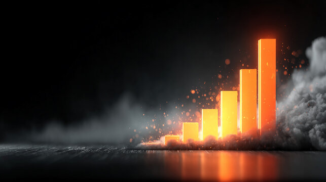Glowing upward financial graph columns rising from water with smoke and dramatic lighting at night