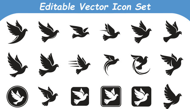 Black silhouette dove icon set for peace concepts with silhouette illustration isolated