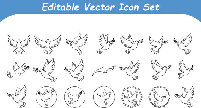 Decorative flying dove line art icon set with illustration, collection