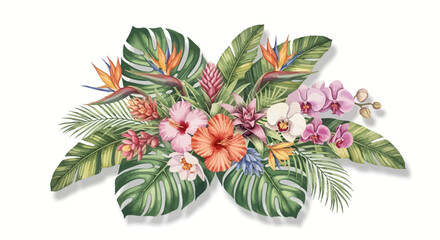 Vibrant tropical floral arrangement illustration with exotic leaves and flowers. © Sendang