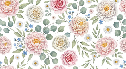 Watercolor Floral Pattern with Peonies, Roses, and Eucalyptus Leaves on White © Sendang