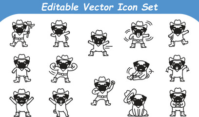 Obraz premium Cute cowboy pug dog character icon set with character illustration wildwest collection standing