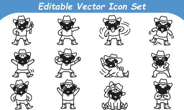 Set of funny cowboy pug dog icons with character illustration wildwest collection monochrome