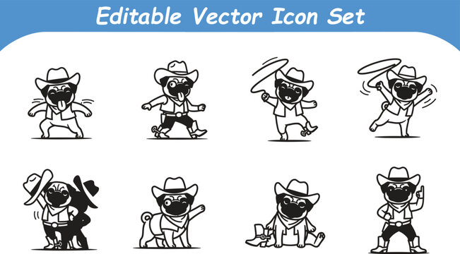 Playful cowboy pug dog action icons with illustration wildwest character monochrome collection