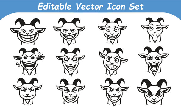Collection of goat head icons with funny and angry expressions expression laughing character