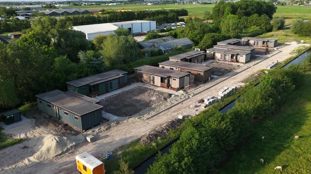 Aerial view of temporary modular housing construction site