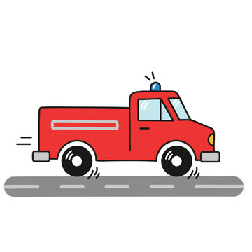 Cartoon red fire truck driving on the road.