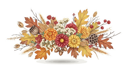 Autumn floral bouquet with chrysanthemums and dry leaves © Sendang