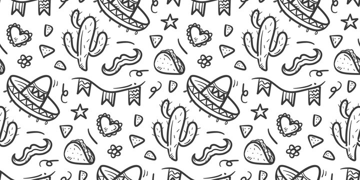 Mexico culture doodle background. Mexican party pattern background. Mexico cultural identity seamless pattern. Fiesta celebration hand drawn pattern with Sombrero hat, cactus, taco, nacho, mustache.