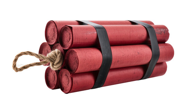 Bundle of red dynamite sticks with fuse, isolated on transparent background